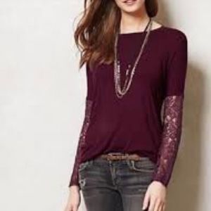 Anthropologie Bordeaux Maroon Tee with Lace Sleeves